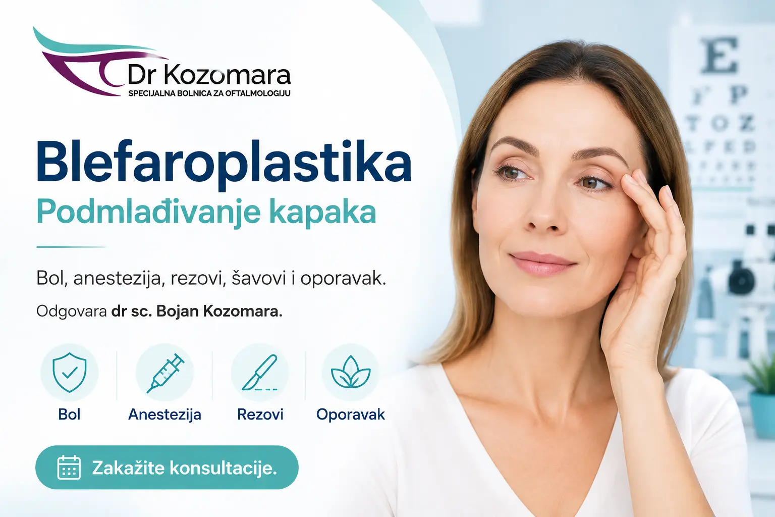 Žena dodiruje područje oko oka kao prikaz blefaroplastike i podmlađivanja kapaka