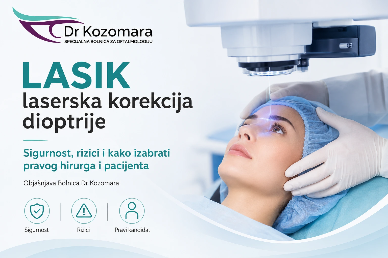 Pacijentica tokom LASIK laserske korekcije dioptrije uz prikaz sigurnosti zahvata i odabira kandidata