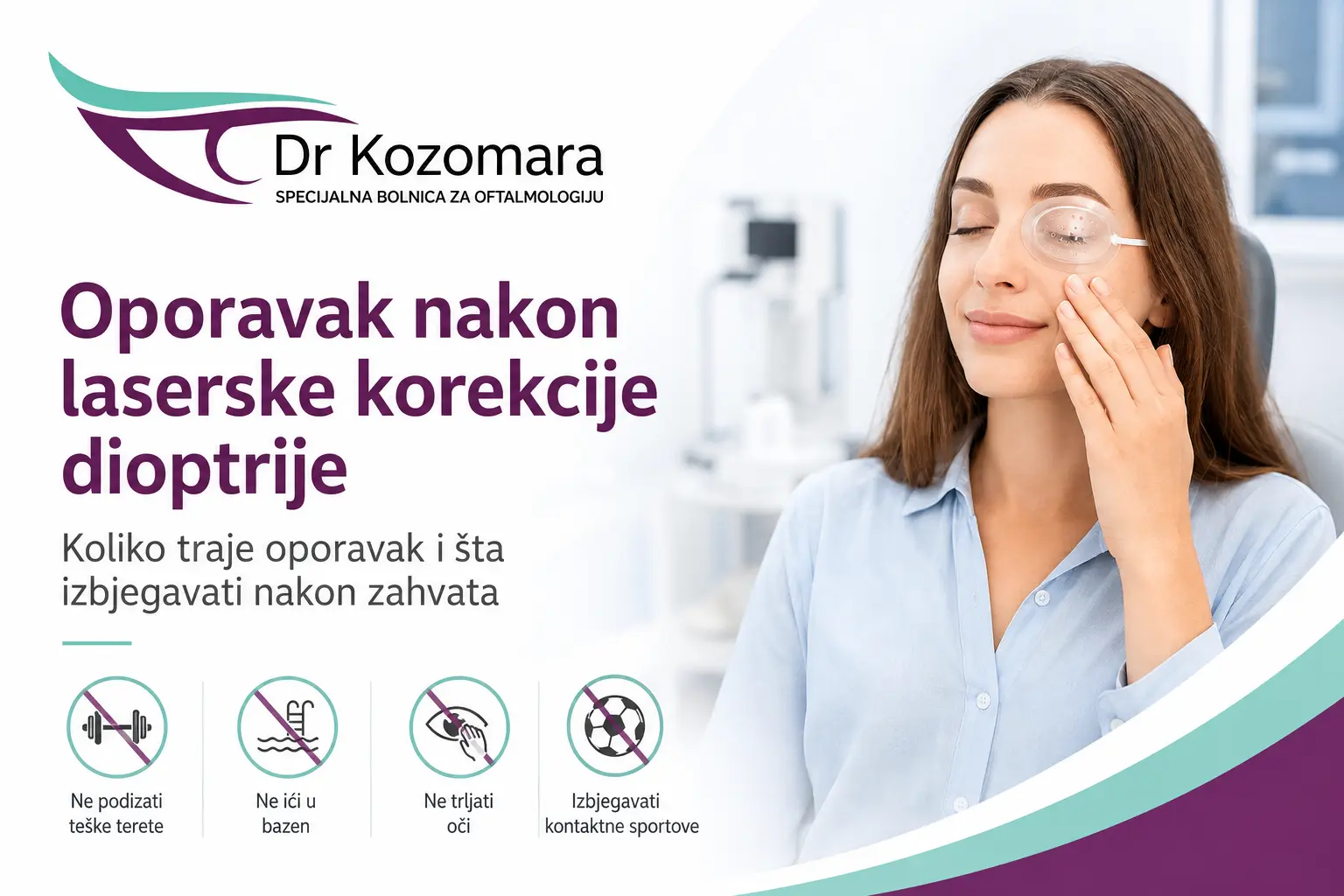 Pacijentica nakon laserske korekcije dioptrije sa zaštitom oka tokom oporavka