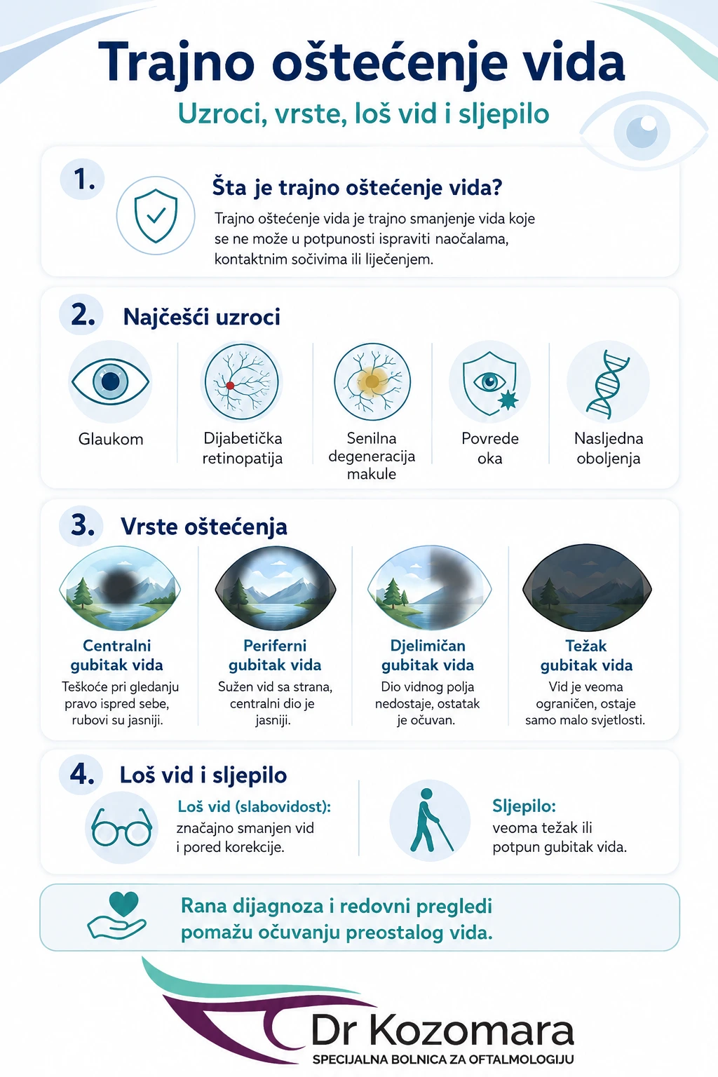 Infografika o trajnom o&scaron;tećenju vida, uzrocima, vrstama o&scaron;tećenja te razlikama između lo&scaron;eg vida i sljepila