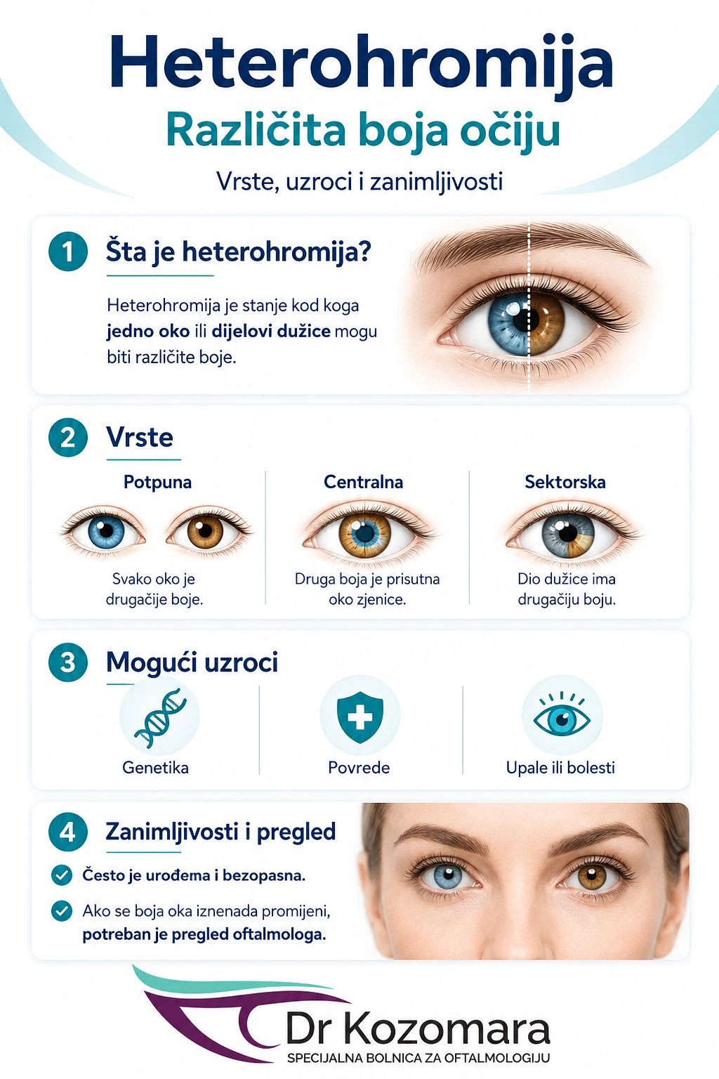 Infografika o heterohromiji, vrstama, uzrocima i potrebi za oftalmolo&scaron;kim pregledom